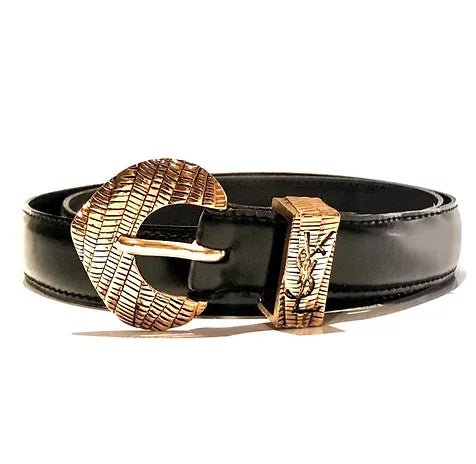 1990s YVES SAINT LAURENT MESH GOLD TONE BUCKLE LEATHER BELT - STYLE-CHNGR