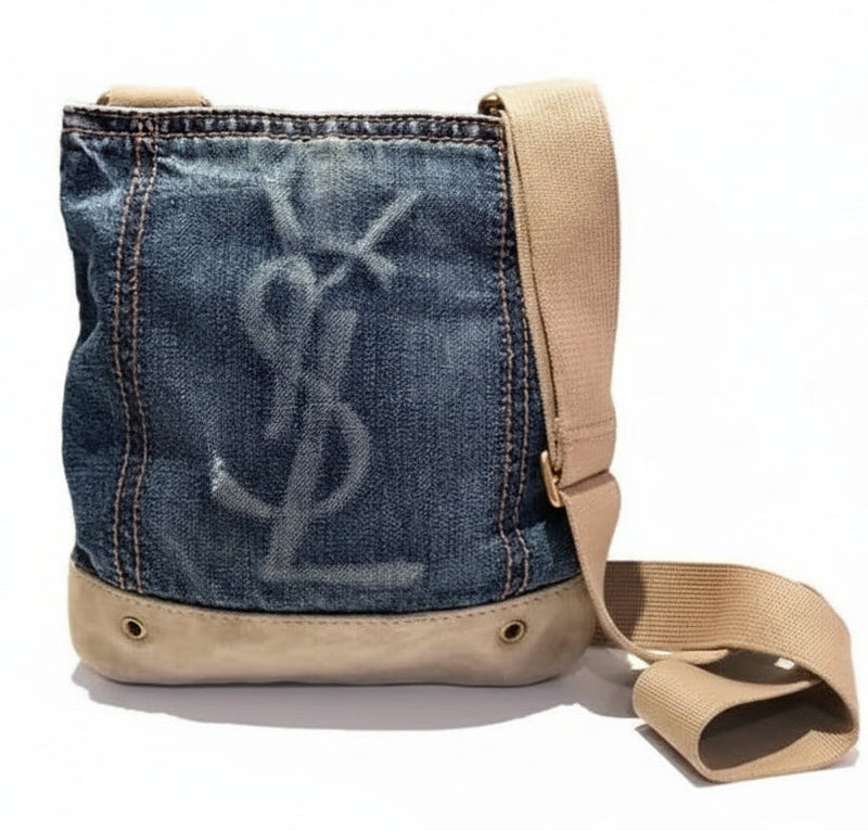 1990s Yves Saint Laurent Crossbody Shoulder Denim Logo Bag