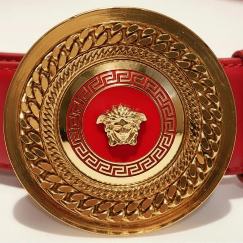 1990s Versace Red Leather Gold Medusa Medallion Buckle Belt - STYLE-CHNGR