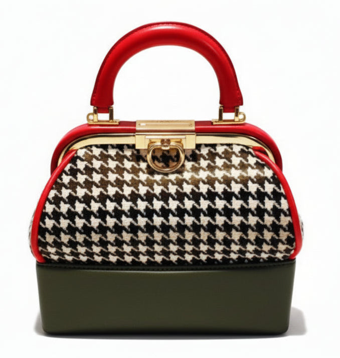 1994 Christian Dior Top Handle Houndstooth Box Clutch Bag