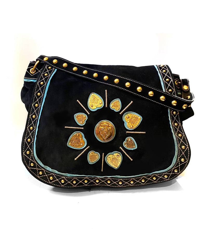 2000S Gucci Blue Suede Stud Large Shoulder Hobo Bag