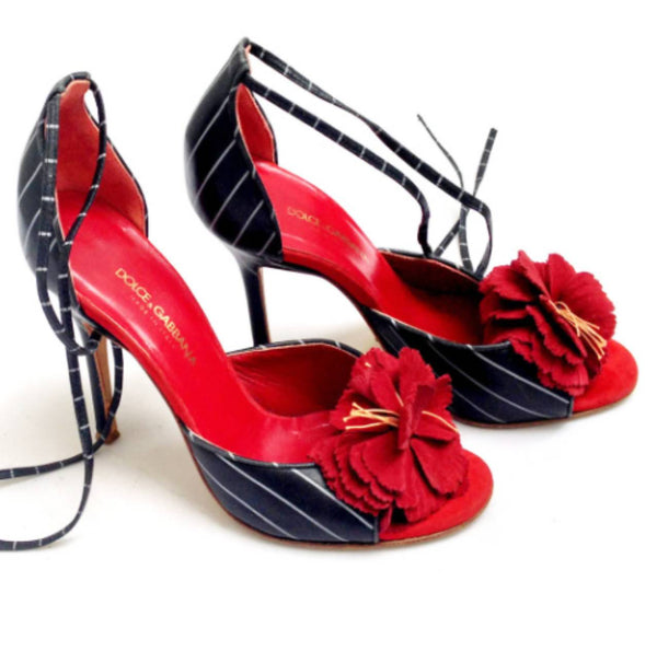 2000s DOLCE&GABBANA Pinstripe Flower Peep Toe Pumps - STYLE-CHNGR