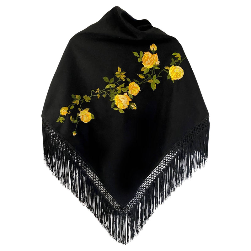 2000s Dolce & Gabbana Black Wool Yellow Rose Embroidered Fringed Shawl