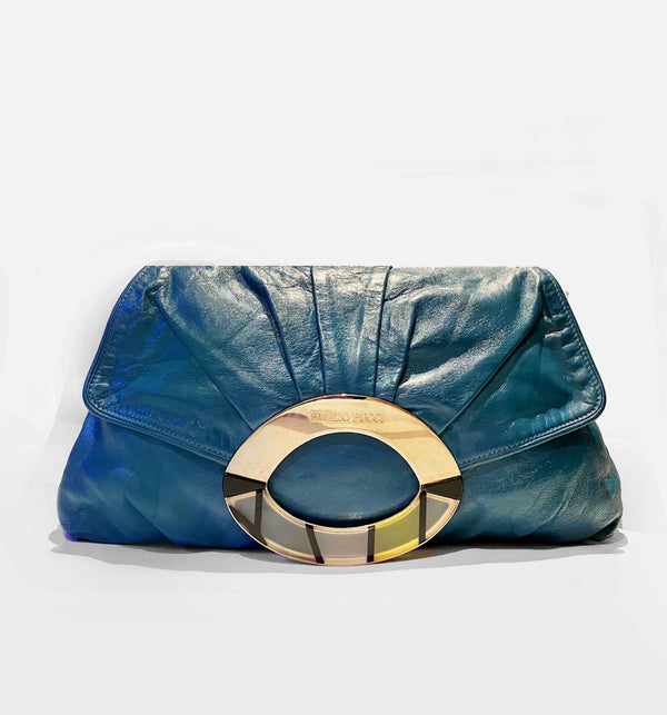 2000s EMILIO PUCCI EMERALD BLUE LARGE LEATHER CLUTCH BAG - STYLE-CHNGR