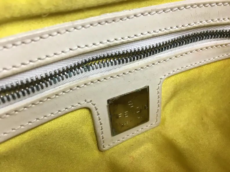 2000s FENDI WHITE Canvas Embroidered Mirror FRINGE BAGUETTE BAG - STYLE-CHNGR