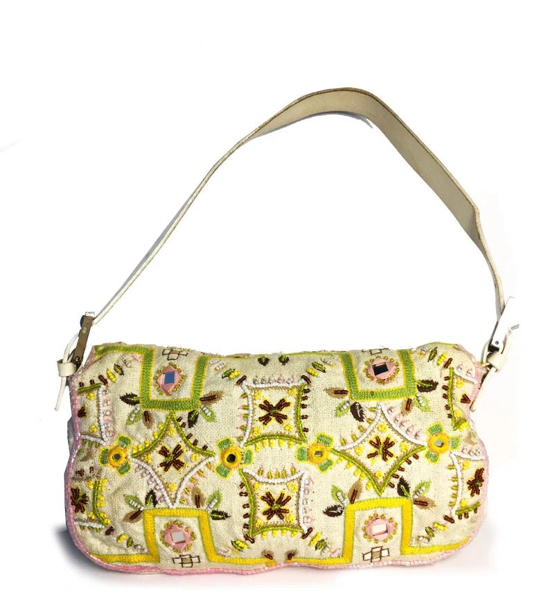 2000s FENDI WHITE Canvas Embroidered Mirror FRINGE BAGUETTE BAG - STYLE-CHNGR