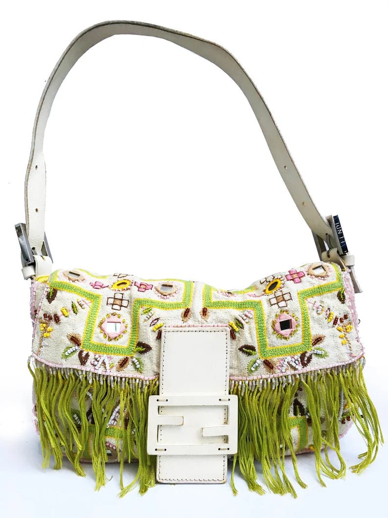 2000s FENDI WHITE Canvas Embroidered Mirror FRINGE BAGUETTE BAG - STYLE-CHNGR