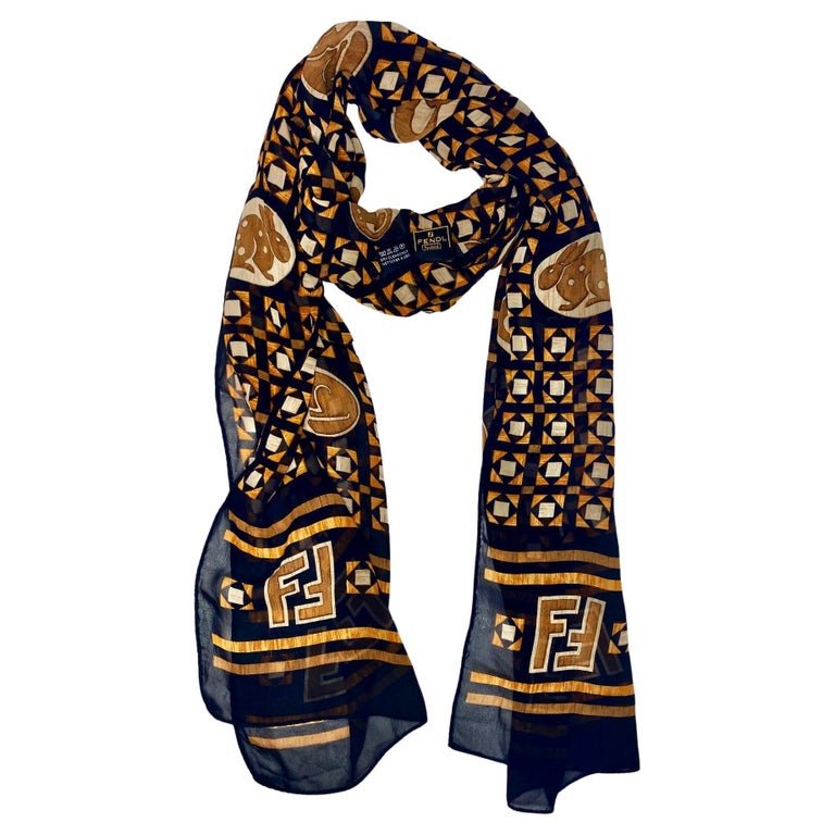 2000s Fendi FF Logo and Animal Shape Print Chiffon Scarf