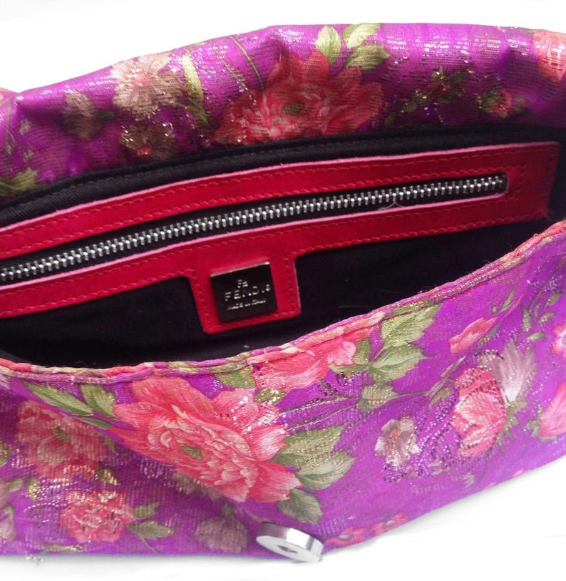 2000S Fendi pink flower print satin baguette bag with leather strap - STYLE-CHNGR
