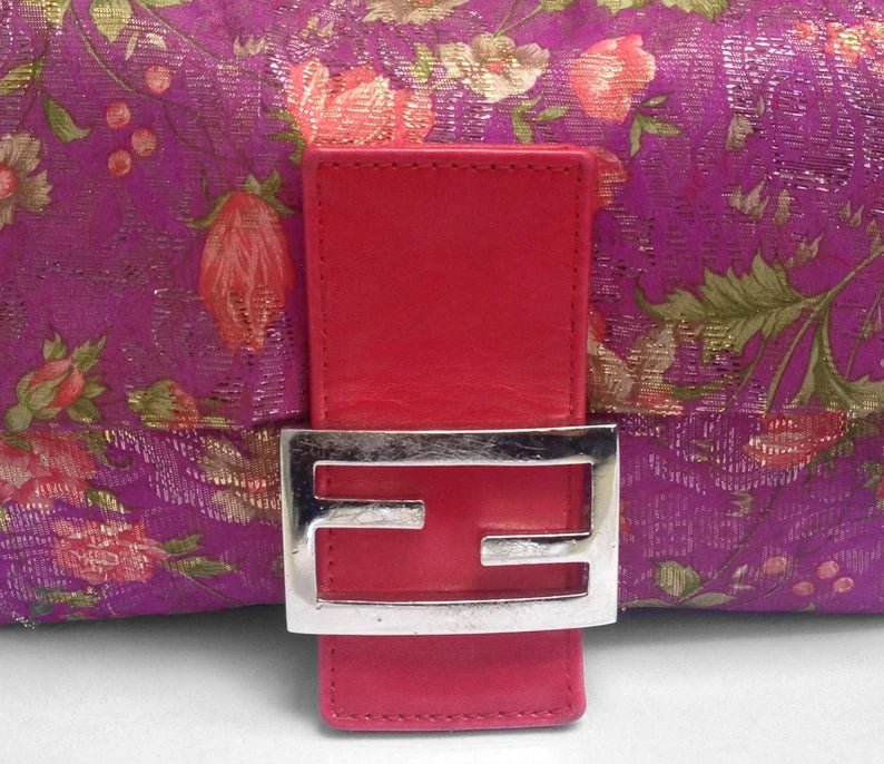 2000S Fendi pink flower print satin baguette bag with leather strap - STYLE-CHNGR