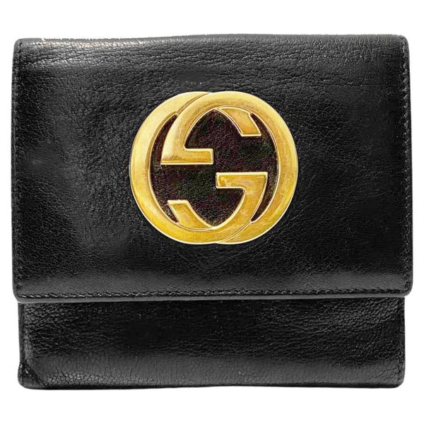2000s Gucci Interlocking Logo Black Tri-Folded Leather Wallet - STYLE-CHNGR