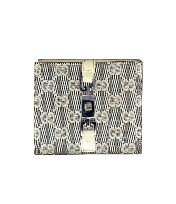 2000s Gucci Jackie  Wallet Grey Monogram Canvas Leather Wallet - STYLE-CHNGR