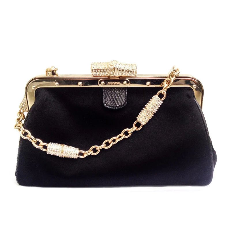 2000s Gucci satin crystal bamboo evening clutch