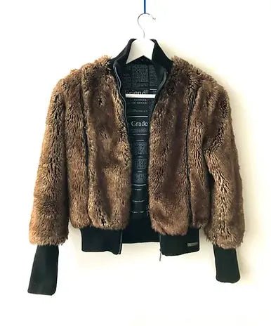 2000s John Galliano Faux Fur Newspaper Print Bomber Jacket - STYLE-CHNGR