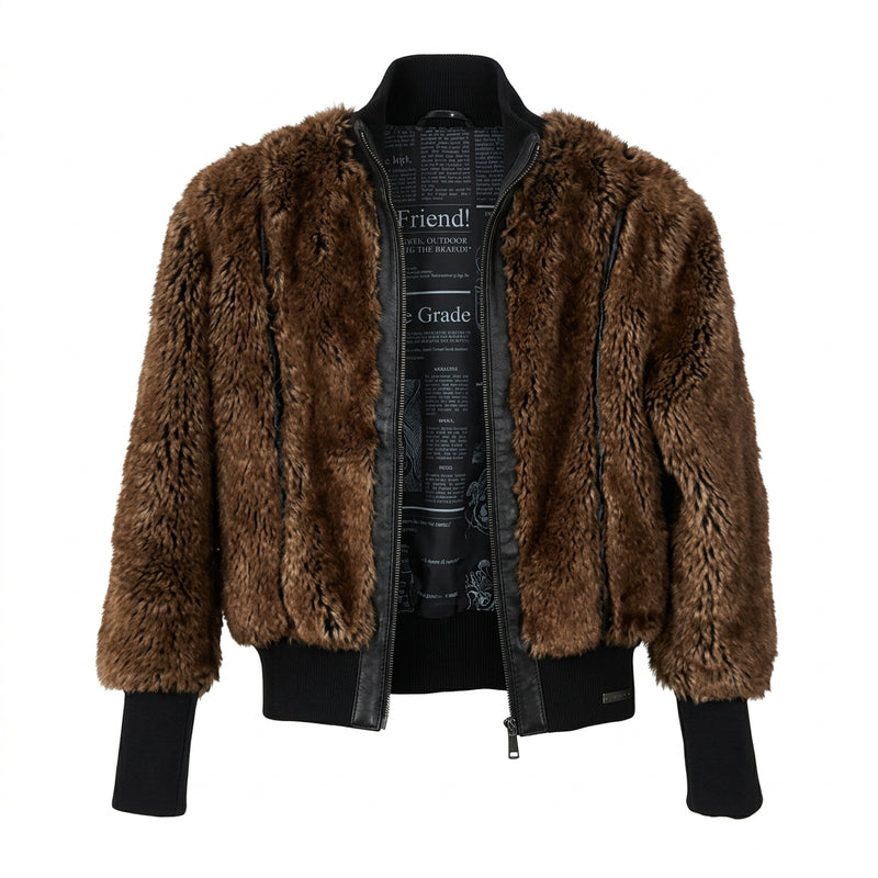 2000s John Galliano Faux Fur Newspaper Print Bomber Jacket