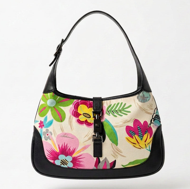 2000s Gucci Flora Canvas and Leather Trim Limited Edition Jackie O Bag