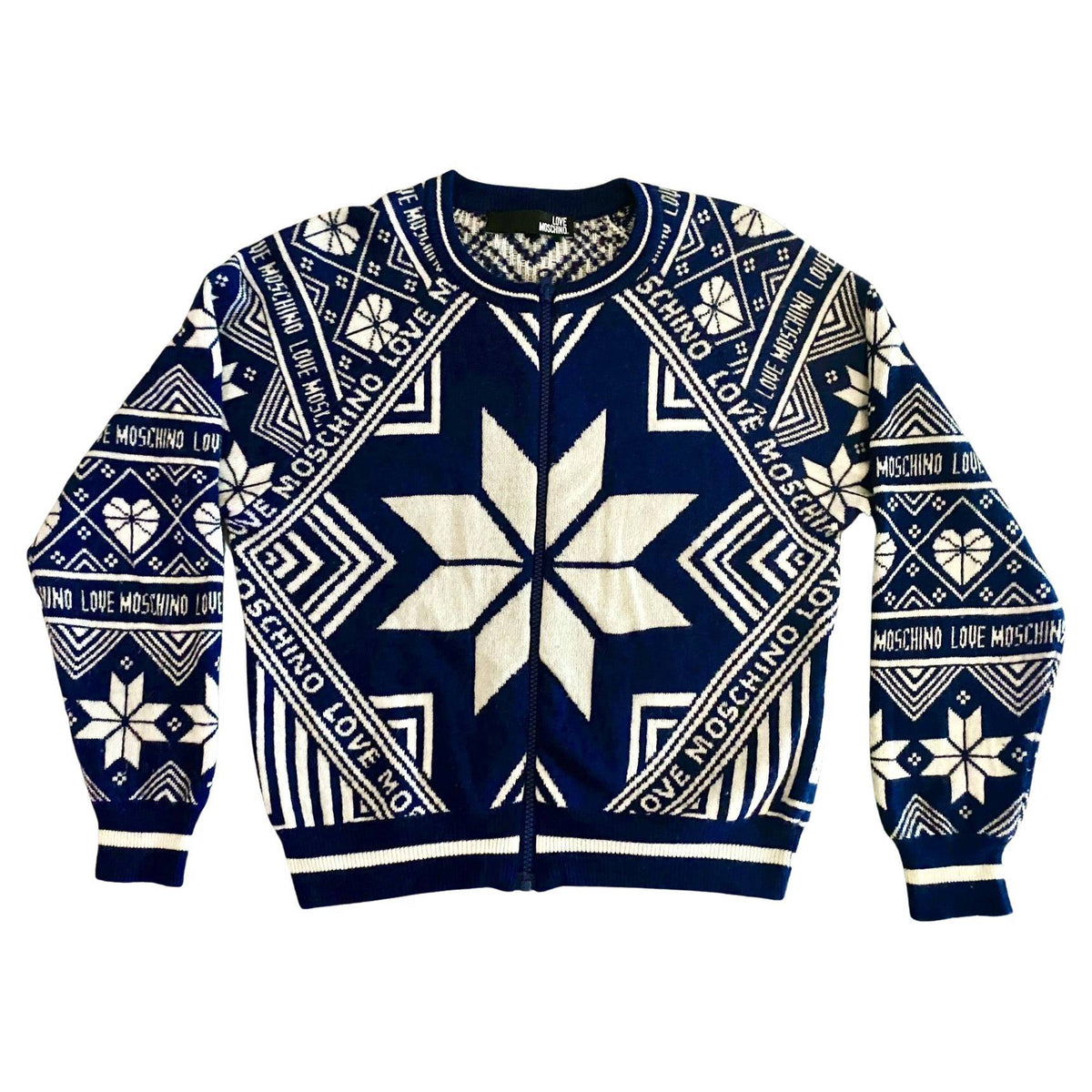 2000s Moschino Blue White Ski Cardigan Winter Zipped Jumper - STYLE-CHNGR
