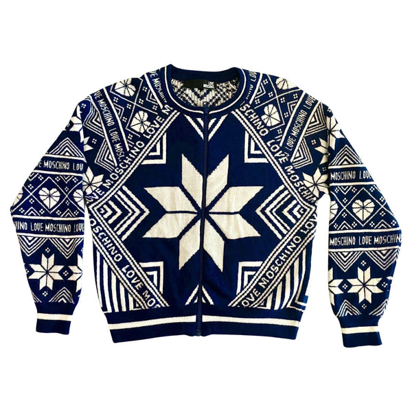 2000s Moschino Blue White Ski Cardigan Winter Zipped Jumper - STYLE-CHNGR