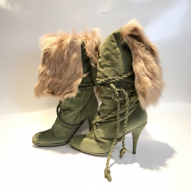 2000s Moschino Knee High Green Suede Heel Boots
