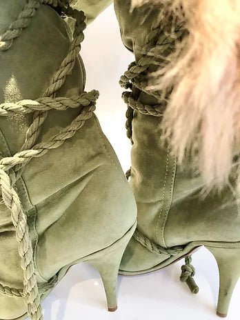 2000s Moschino Knee High Green Suede Heel Boots - STYLE-CHNGR