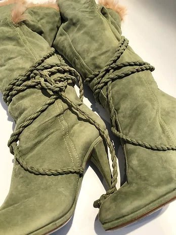 2000s Moschino Knee High Green Suede Heel Boots - STYLE-CHNGR