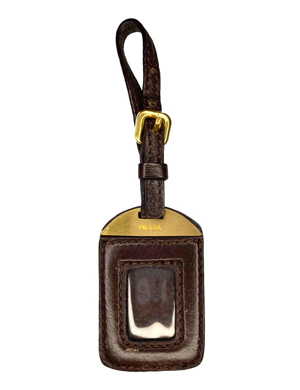 2000s Prada Chocolate Brown Leather Travel Tag with gold hardware - STYLE-CHNGR