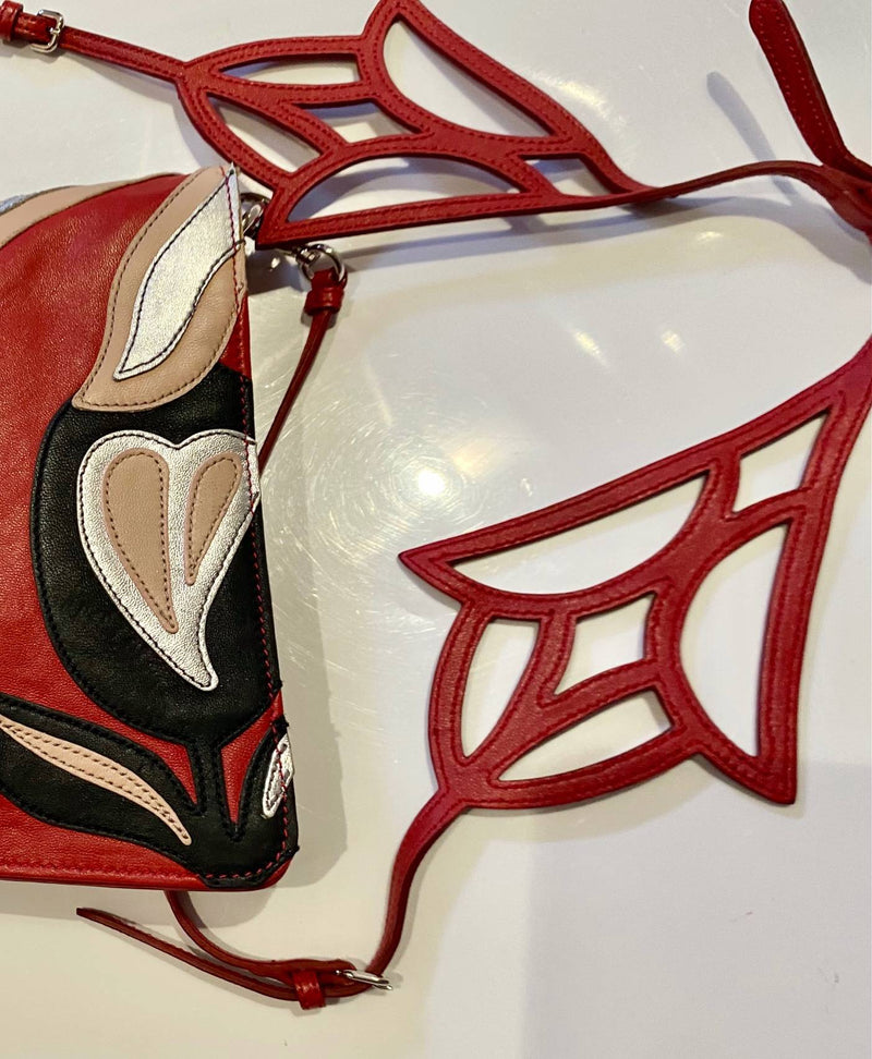 2000s miu miu red flower cut out leather shoulder crossobody bag - STYLE-CHNGR