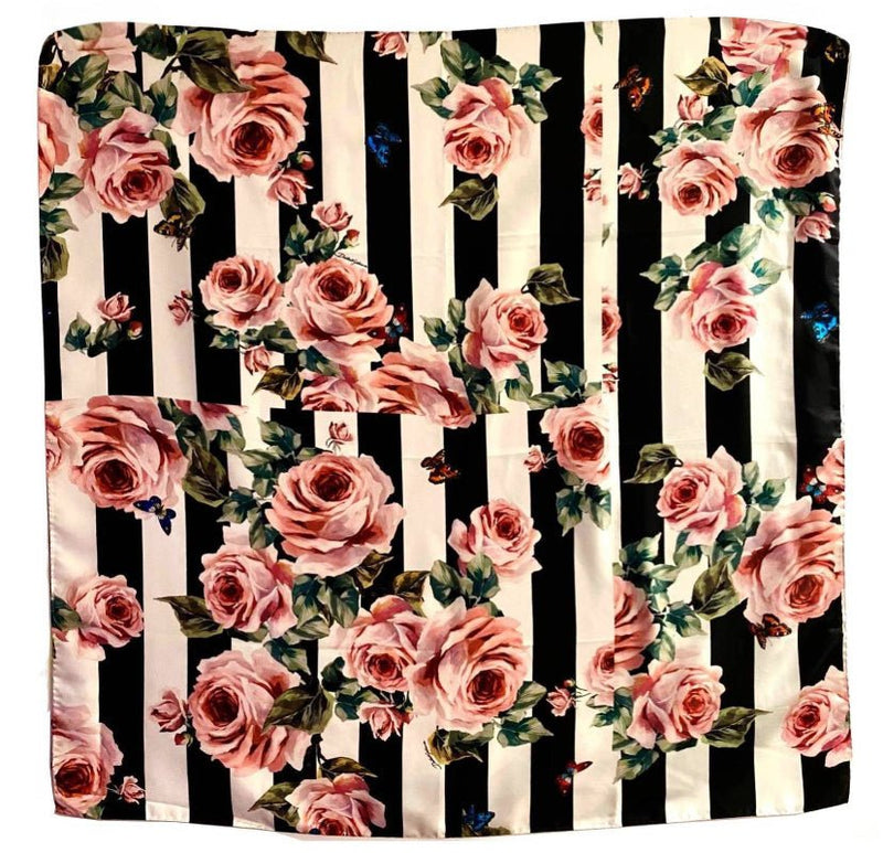 Dolce & Gabbana Large Twill Stripe Silk Scarf with Pink Rose Print