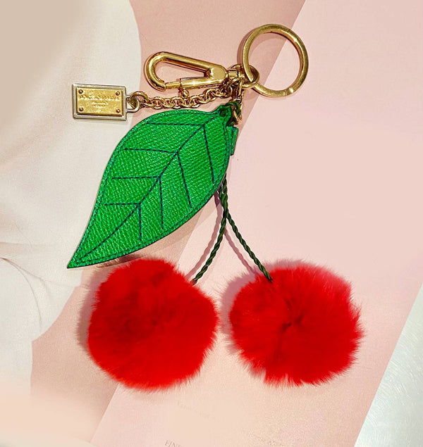 Dolce & Gabbana  Red Cherry Pom Pom Gold Tone Key Ring / Bag Charm - STYLE-CHNGR