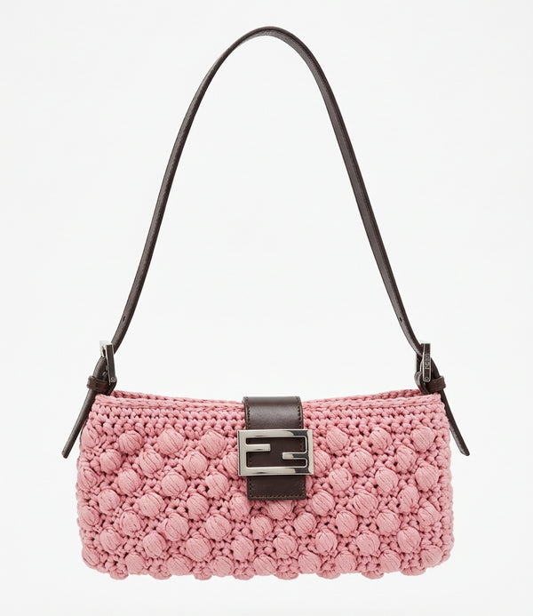 FENDI POPCORN Woven Knit Baguette Pink Shoulder Bag 
