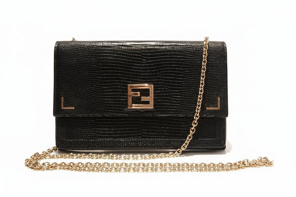 FENDI black LIZARD print LEATHER FLAP evening HANDBAG WITH CHAIN - STYLE-CHNGR