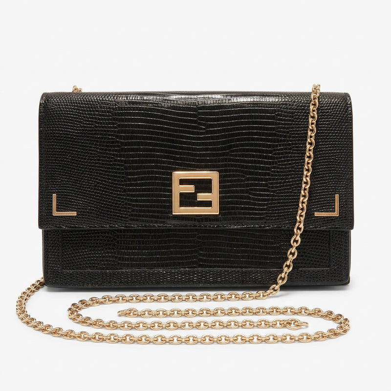 2000s FENDI black LIZARD print LEATHER FLAP evening HANDBAG WITH CHAIN