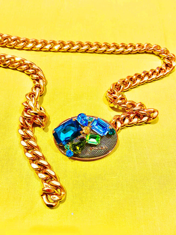 2000s Prada Gold Tone Chunky Chain Gems Buckle Jewel Belt - STYLE-CHNGR