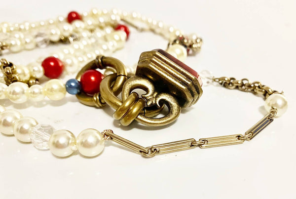 2000s Dolce & Gabbana Long Faux Pearl and Stone Pendant Chain Necklace - STYLE-CHNGR