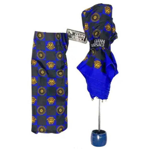 1980s Gianni Versace Black Blue chequered Medusa Umbrella with cover - STYLE-CHNGR